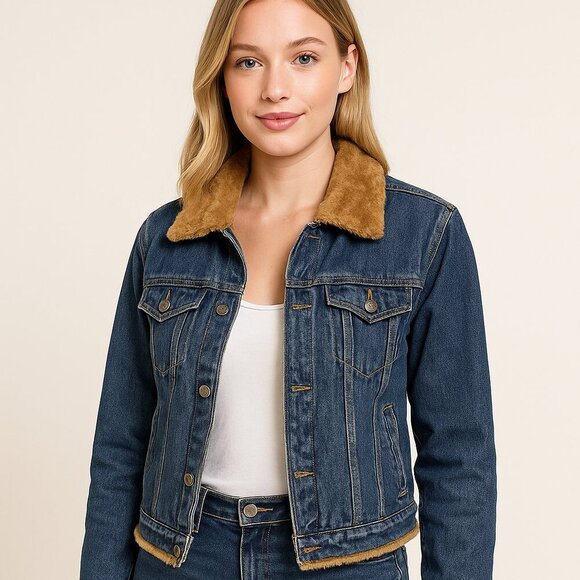 Austin Denim Jacket Size Large Blue Fur Collar Long Sleeve Zip Trucker Western - Picture 1 of 13